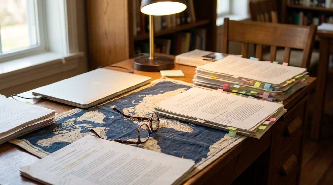 Country-conditions research spread across a desk, printed reports tabbed and annotated beside a folded map