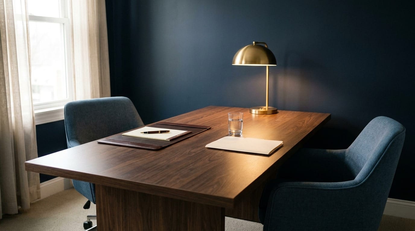 A quiet consultation room set for a client interview, legal pad and pen waiting on a walnut table