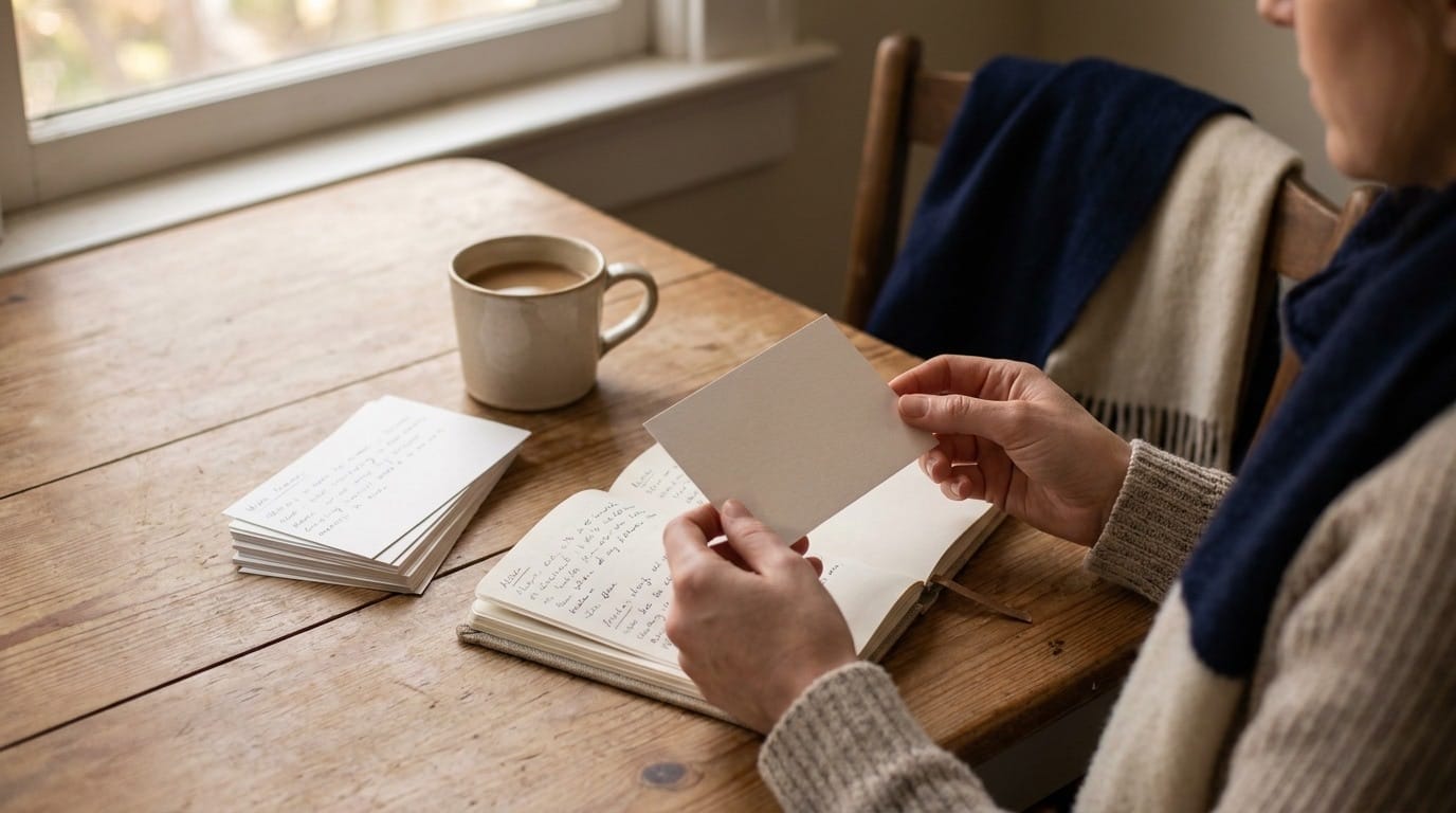 A civics-test study session at a kitchen table, with an open study booklet and handwritten flash cards