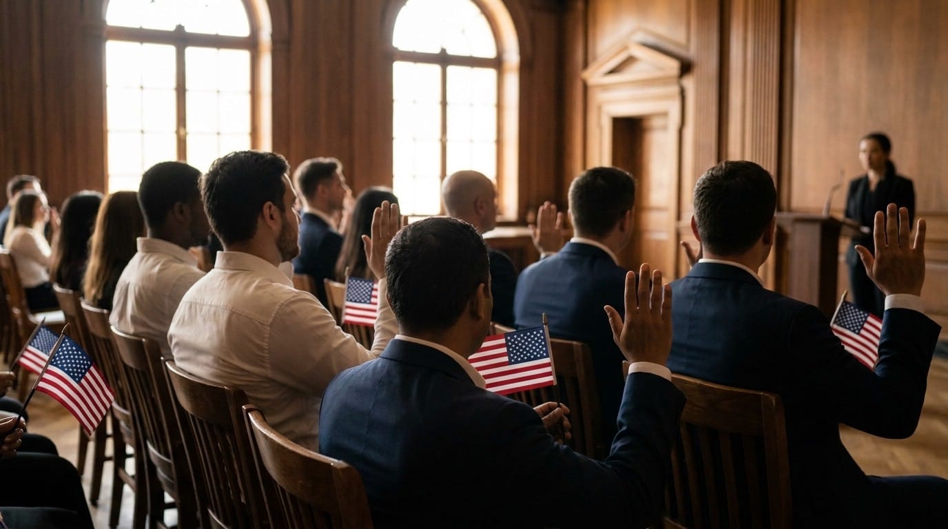 New citizens seated in a row at a naturalization ceremony with their right hands raised in oath