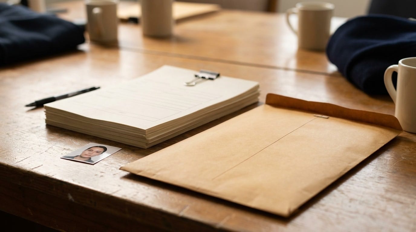 A renewal packet ready to file, its completed forms clipped together beside a mailing envelope
