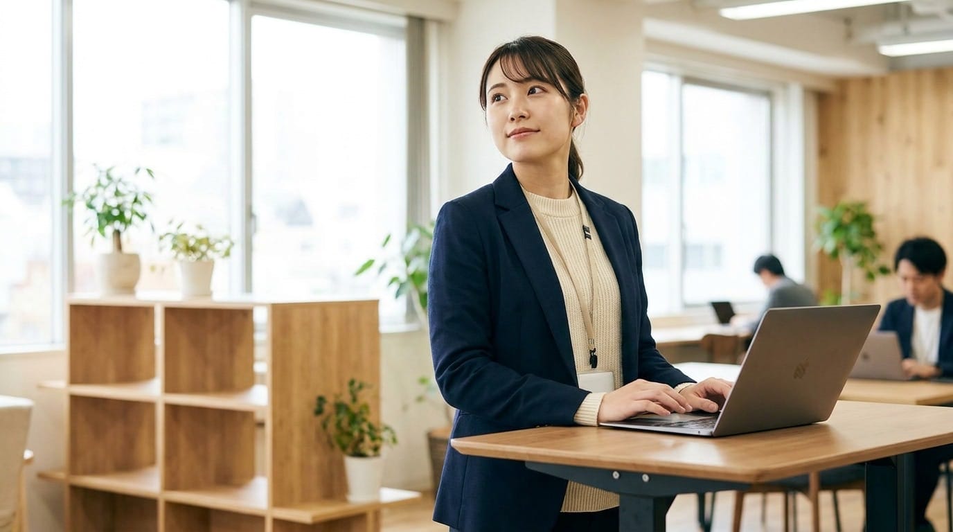 A young woman at work in an office, a lanyard badge at her desk beside her laptop
