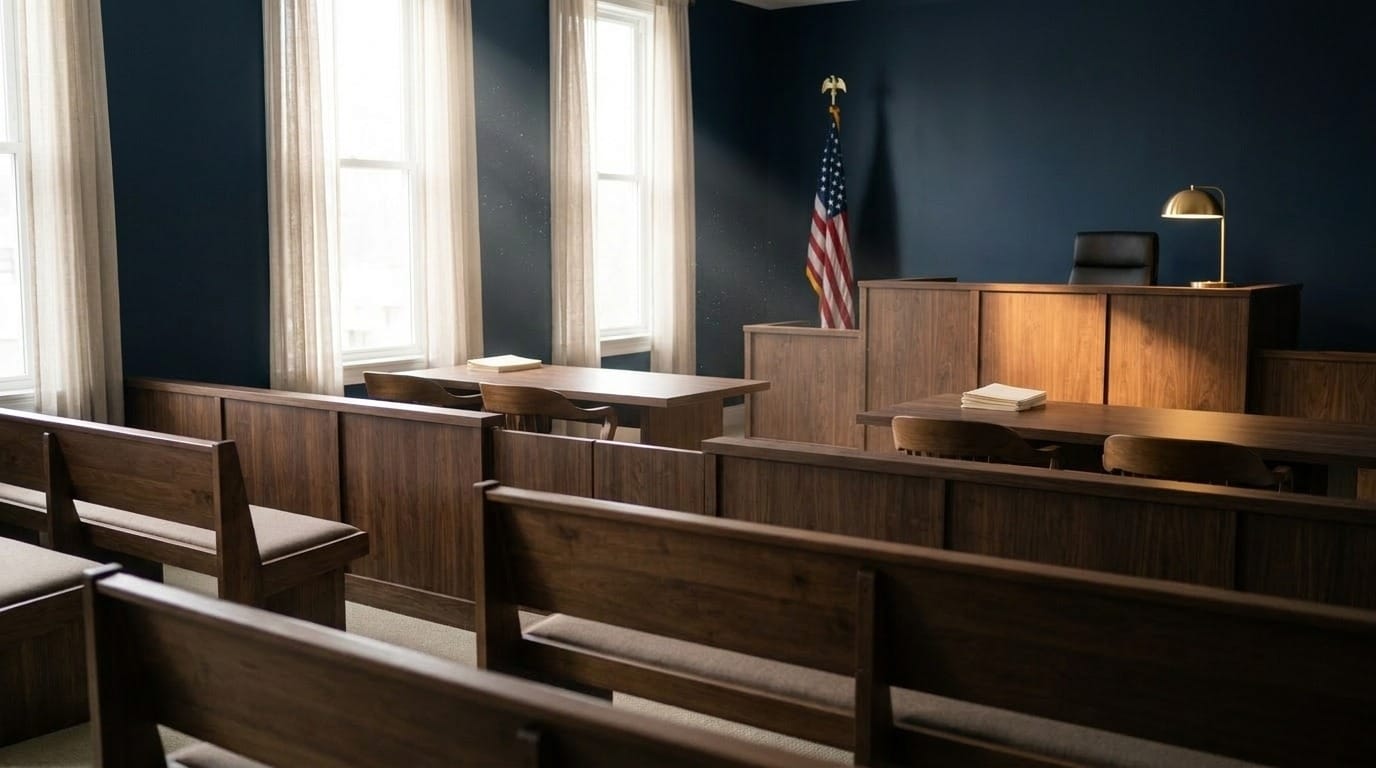 An empty hearing room before the day’s docket, its benches and counsel tables in morning light