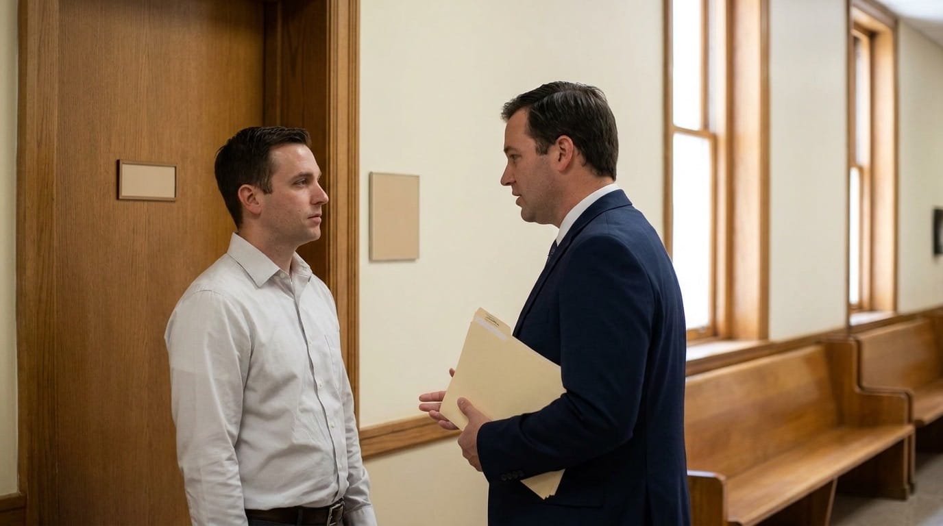 An attorney speaking with his client in a quiet hallway outside a hearing room