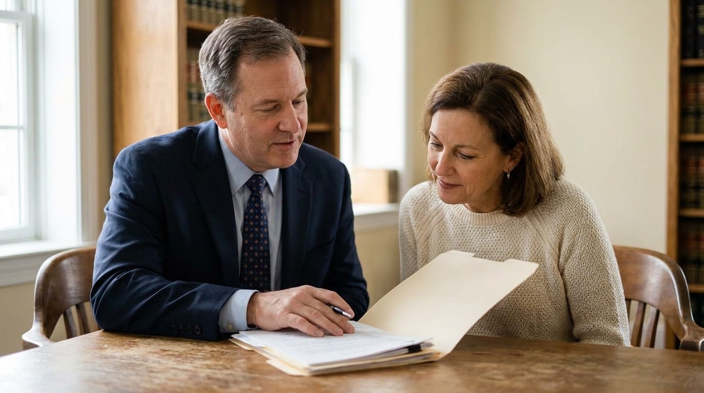 An attorney seated beside a client at his desk, going through an open file with him page by page