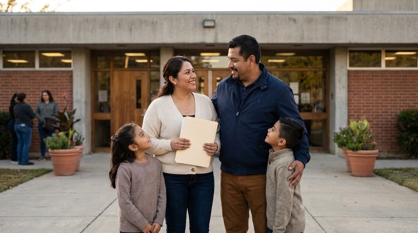 A family of four standing together outside a government office, the mother holding a folder of papers