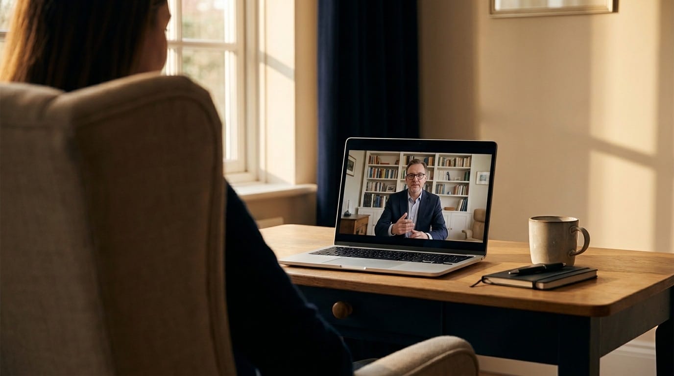 A consultation under way over video, the attorney on a laptop screen on a home desk