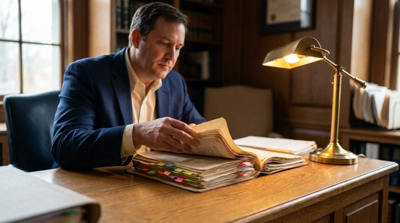 An attorney reading through a returned file, sticky flags marking several pages