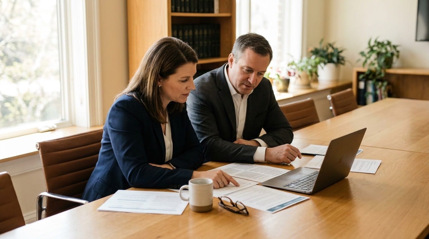 An employer and counsel reviewing a petition packet together at a conference table