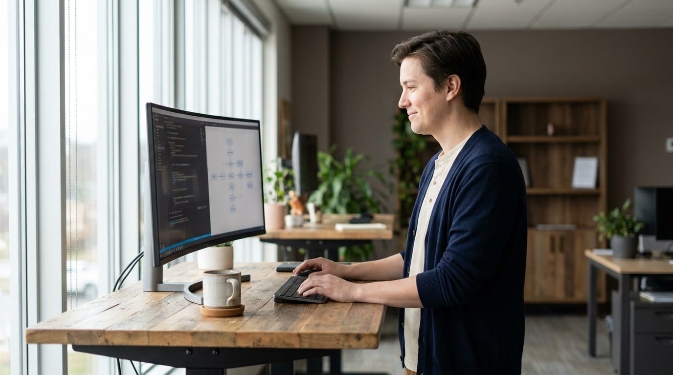 A specialty professional at work at a standing desk in an open office