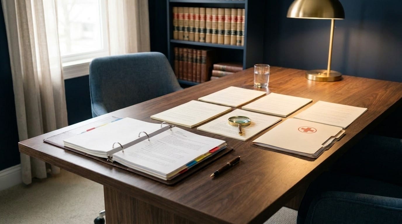 A hardship record laid out on an attorney’s desk, tabbed binder and supporting documents side by side