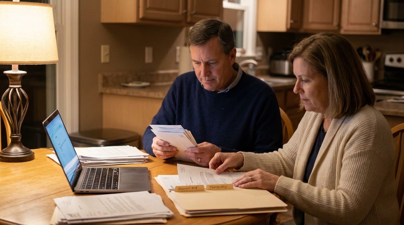 A couple at their kitchen table sorting medical bills and bank statements into labelled folders