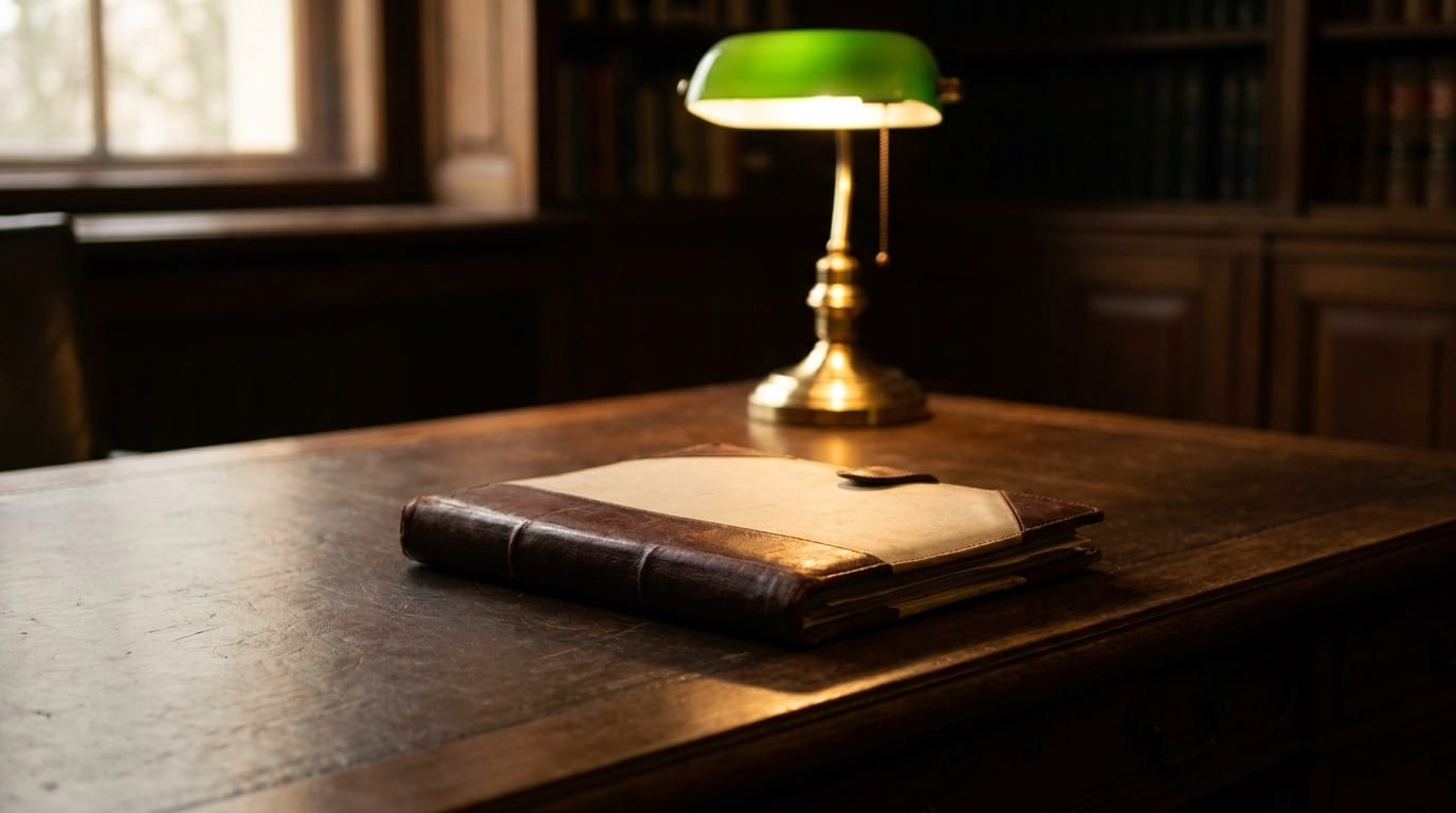 A single closed case file squared on an otherwise clear desk under a low lamp