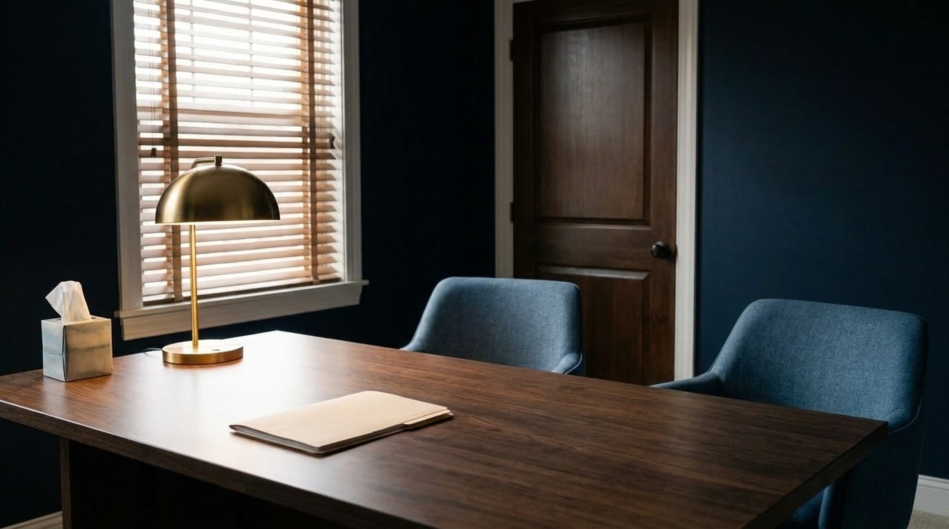 A private office with the blinds drawn and a sealed case file on the table, arranged for a confidential meeting
