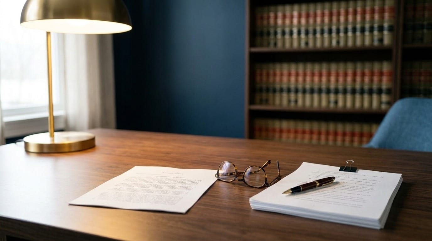 A decision notice open on an attorney’s desk beside reading glasses and a clipped stack of transcript pages
