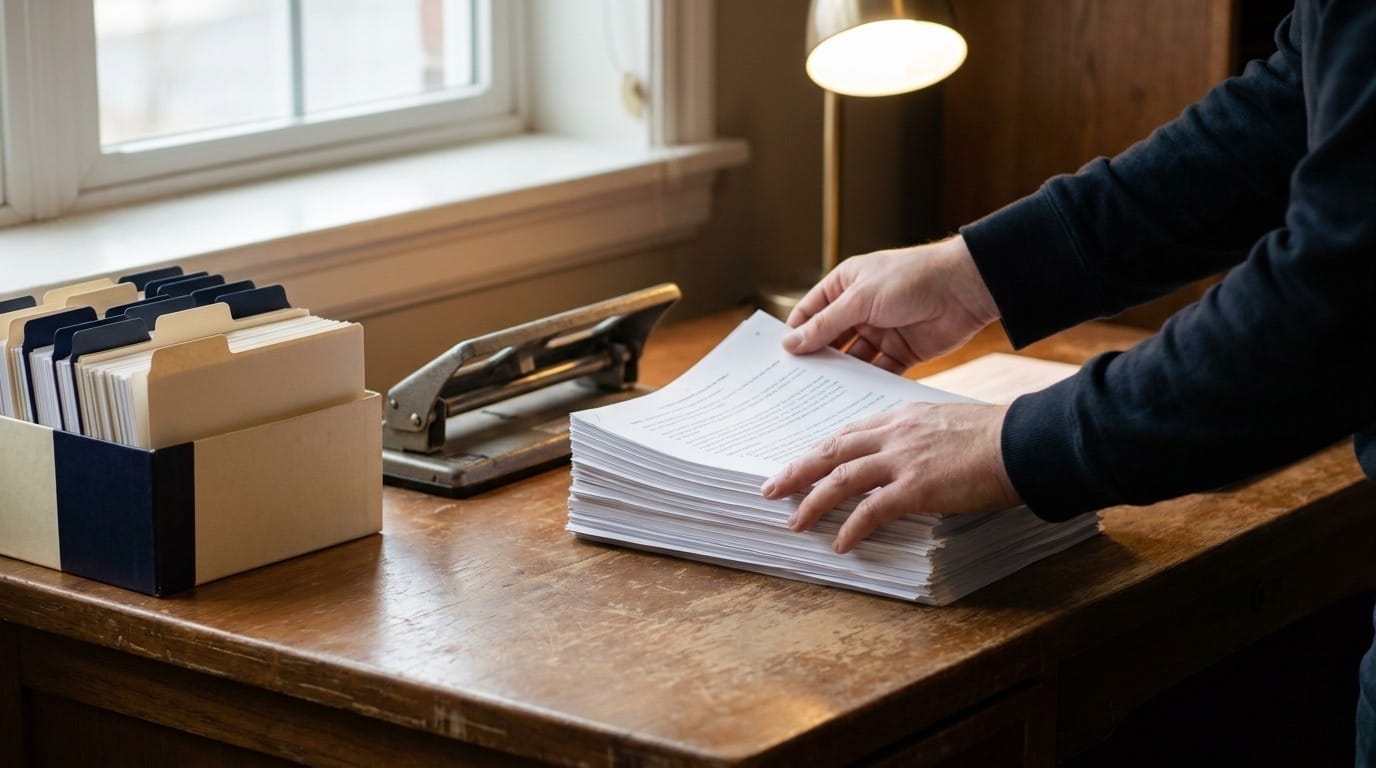 An appellate brief being assembled, its tabbed exhibits and printed pages squared into a stack