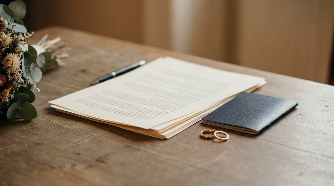 Wedding paperwork on a table beside a passport and two rings