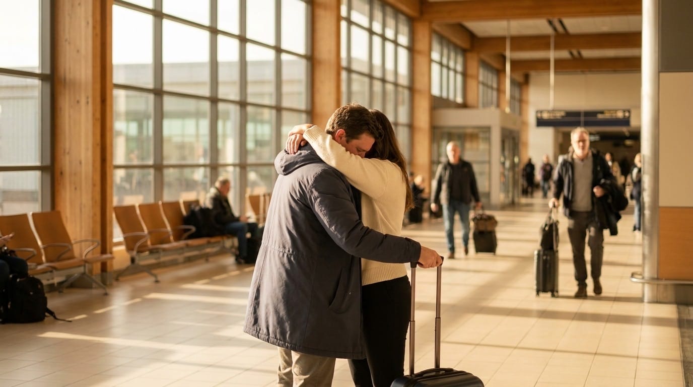 A couple embracing in an airport arrivals hall on the day one of them lands