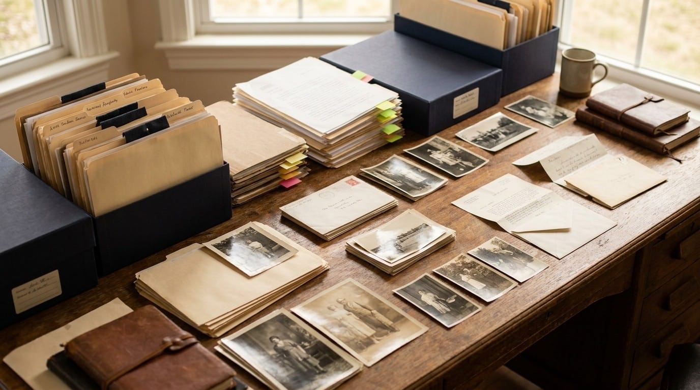 Evidence organized for a response, its labelled folders and tabbed exhibits laid out in rows