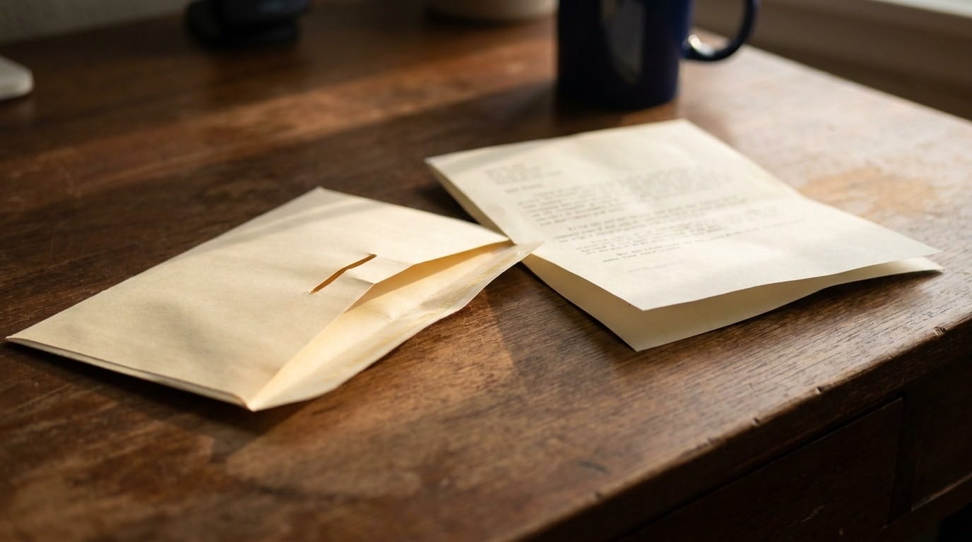 A USCIS notice opened on a desk beside the envelope it came in