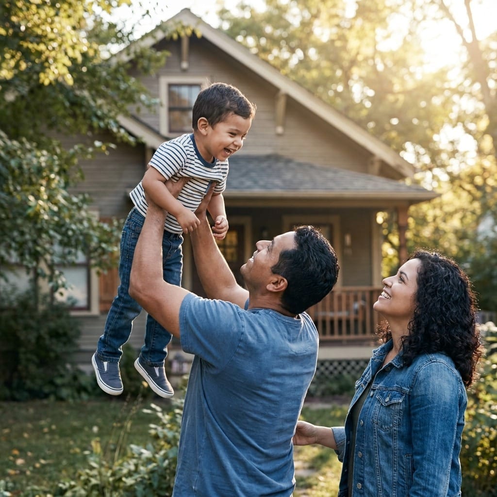 A father lifting his young son in the backyard of the family home