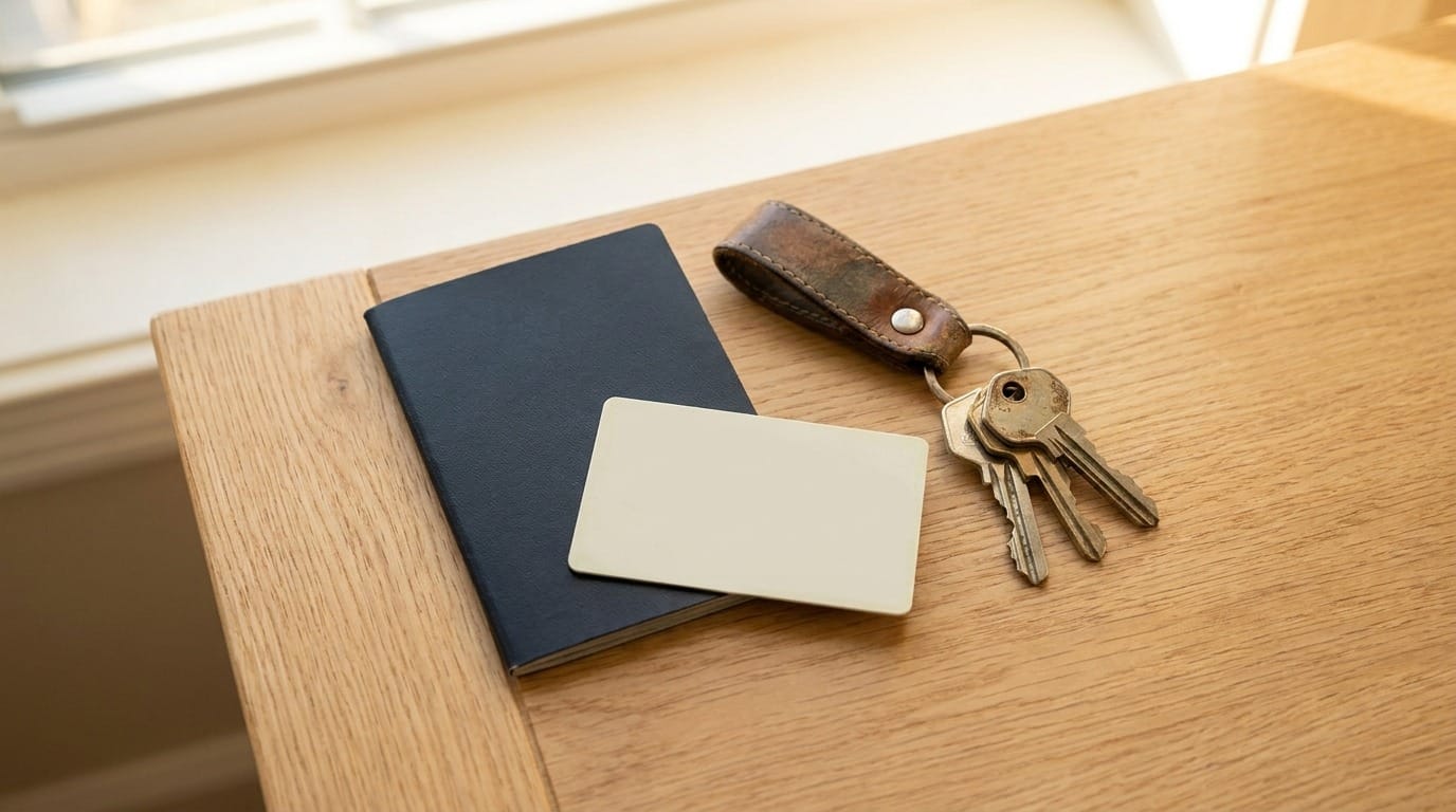 A passport, an identification card and a set of house keys on a table