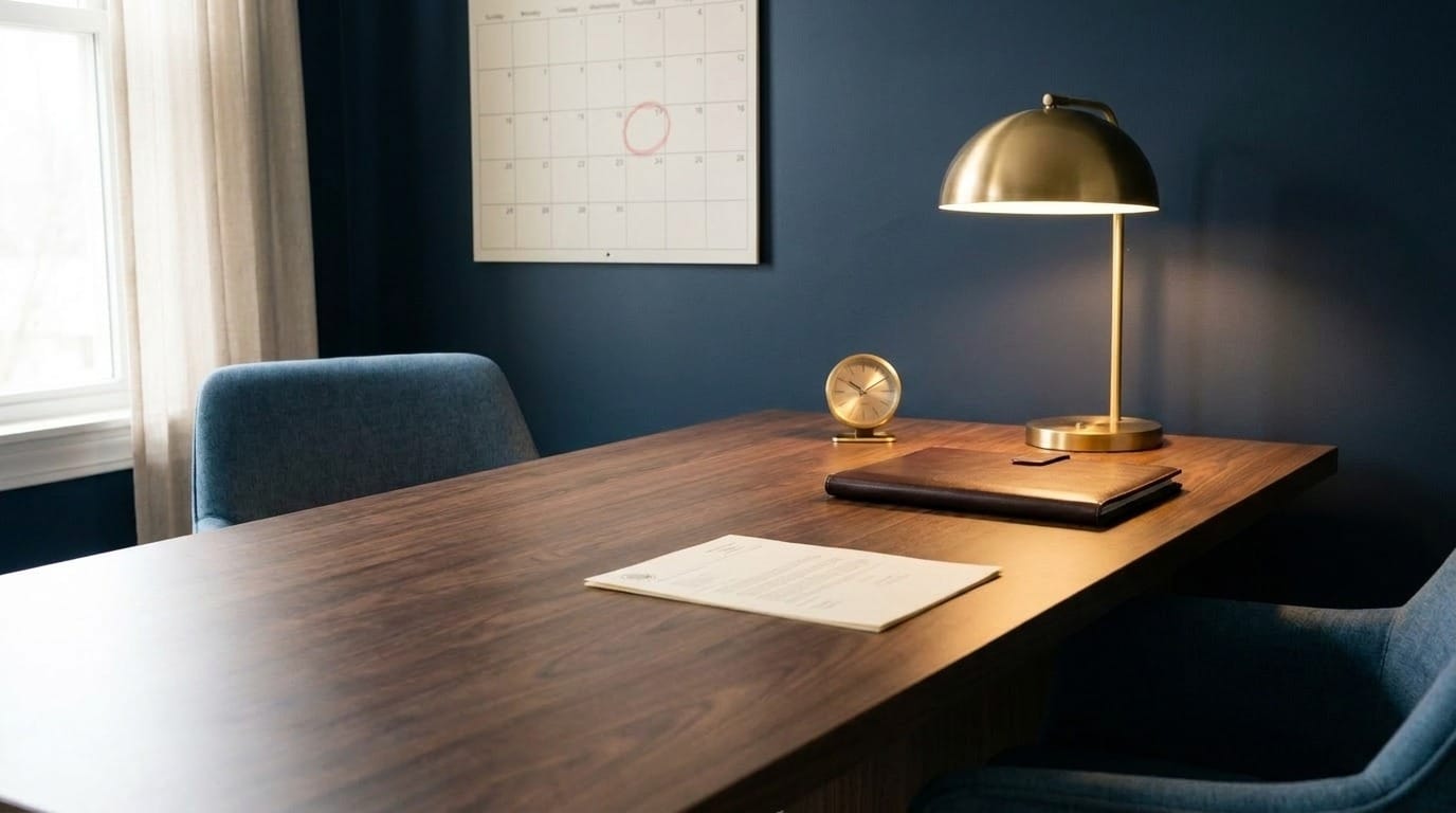 A designation notice on an attorney’s desk beside a clock and a wall calendar with a re-registration date circled