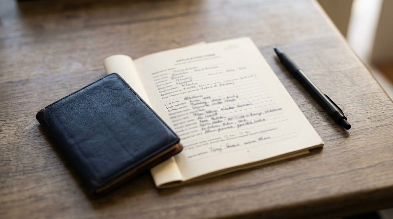 A passport beside a completed application form and a pen