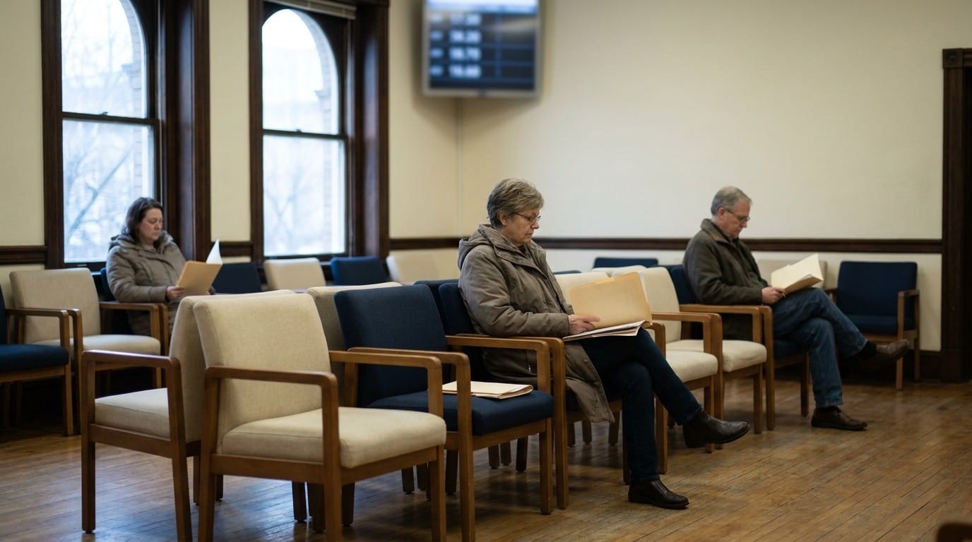 A consular waiting room, applicants seated apart with folders on their laps
