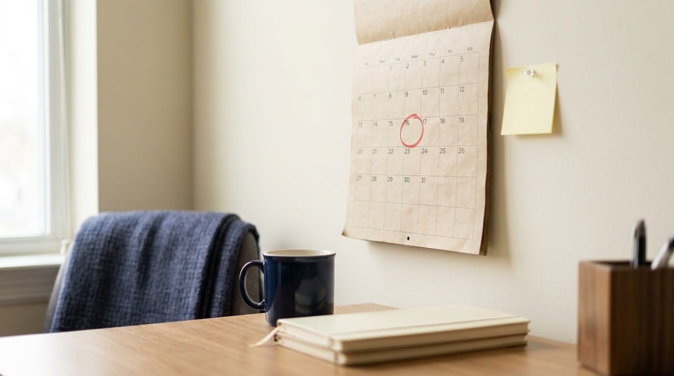 A wall calendar with a renewal date circled in red above a tidy desk