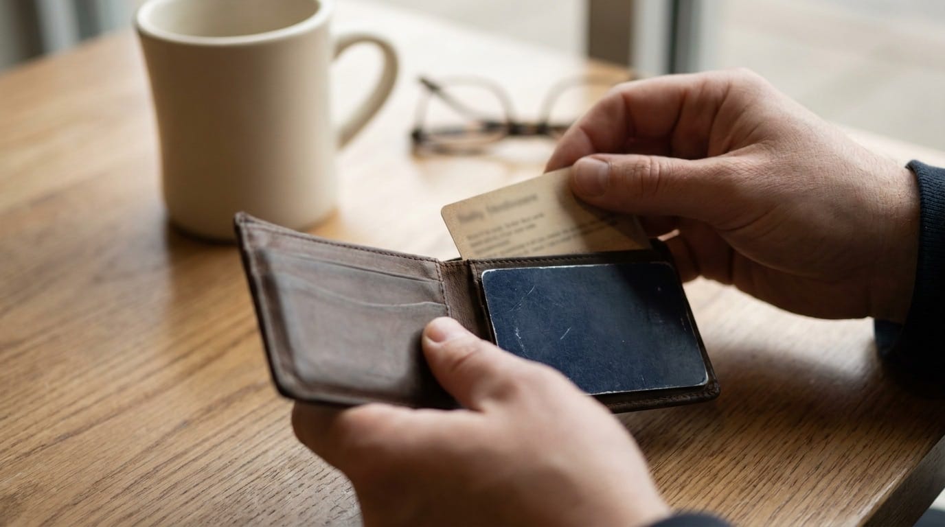A work permit card being slid into a wallet beside a transit pass
