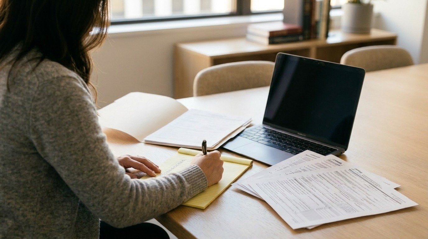 Immigration forms, an open case file and a checklist laid out on a desk while a paralegal works through a case
