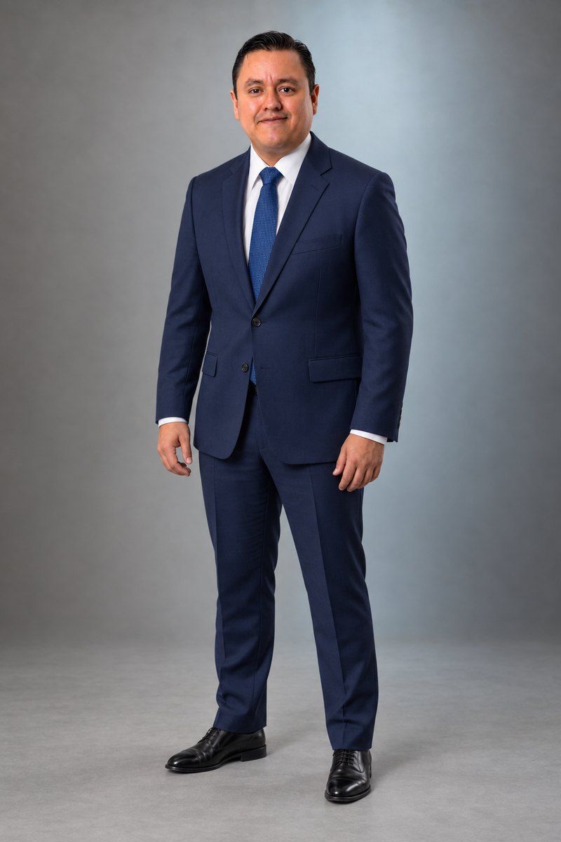 Josué M. Rosales, Immigration Paralegal at Olvera Law Office, standing in a navy suit
