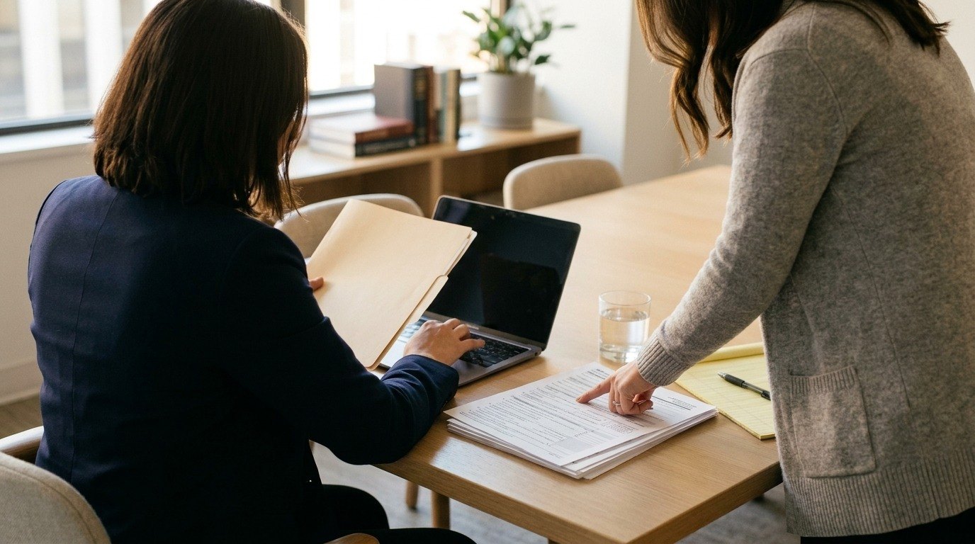 Two colleagues at the firm reviewing immigration forms and an open case file together at the office conference table